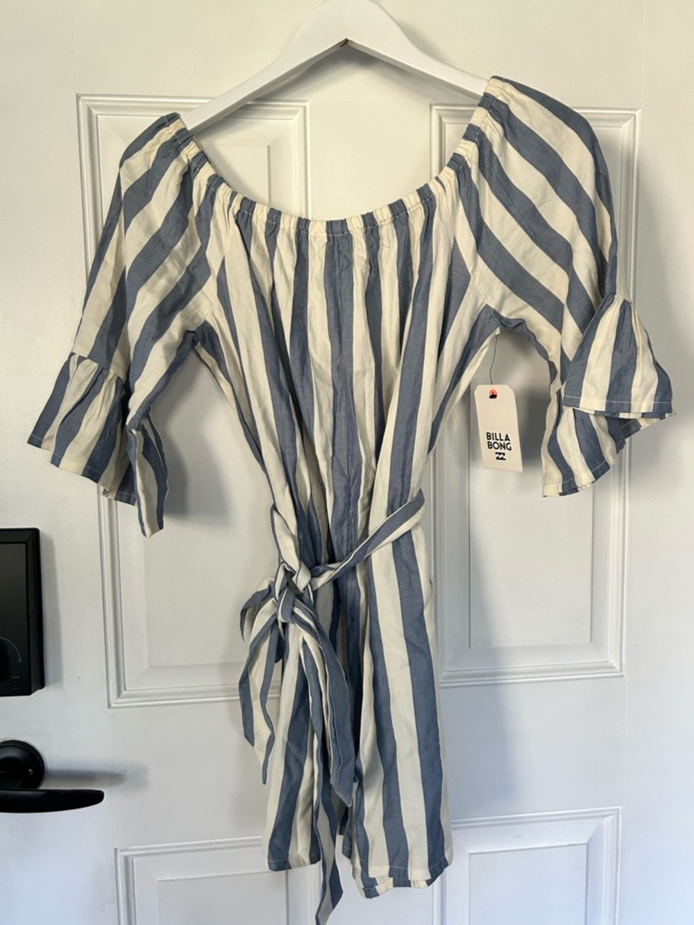 Billabong Blue & White Striped Off-Shoulder Tie-Waist Mini Dress